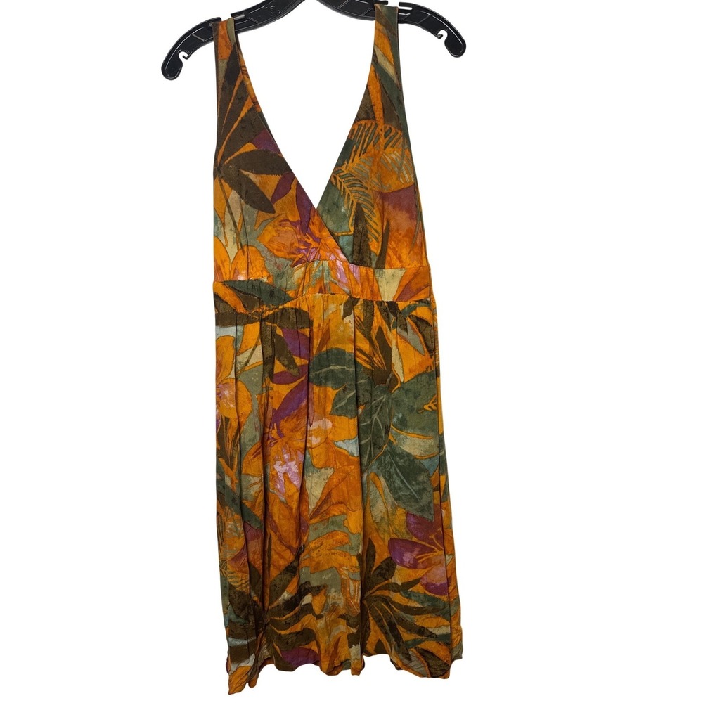 Jams World Sunset Flora Rayon V-Neck Empire Waist Dress Orange Green Floral Med - Picture 2 of 6